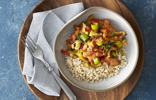Halloumi-stroganoff med råris